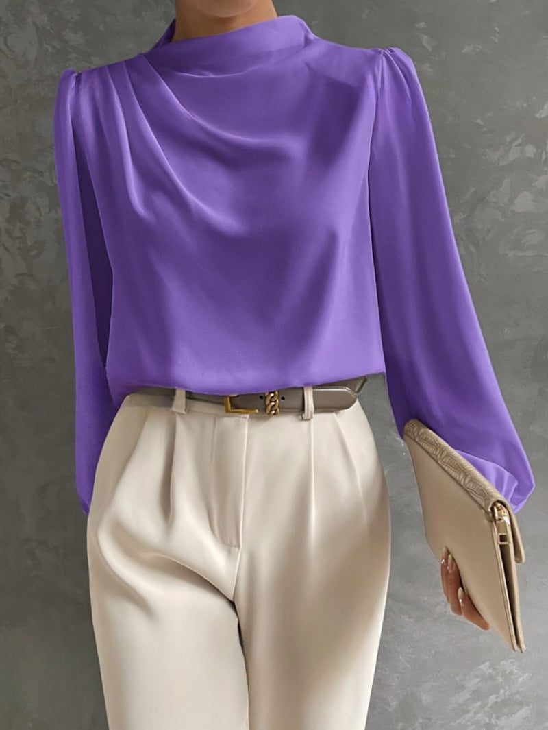 Women's Satin High-Neck Blouse with Draped Front and Long Sleeves - Maisie London