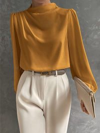 Women's Satin High-Neck Blouse with Draped Front and Long Sleeves - Maisie London