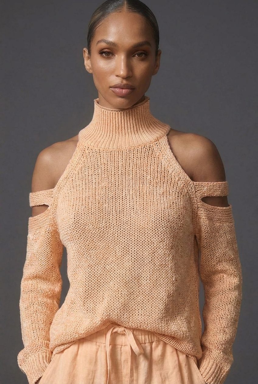 Women's Knitted High-Neck Jumper with Cold-Shoulder Cut-Out Sleeves - Maisie London