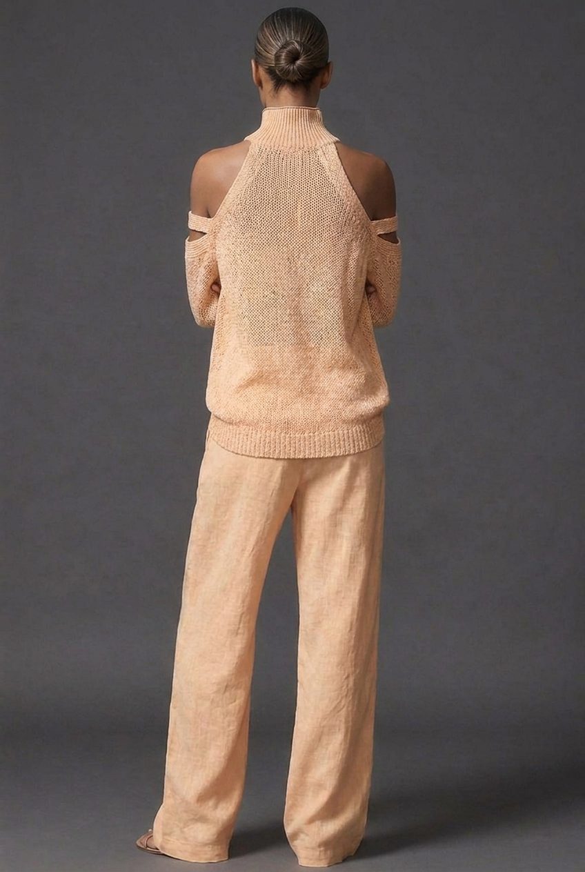 Women's Knitted High-Neck Jumper with Cold-Shoulder Cut-Out Sleeves - Maisie London