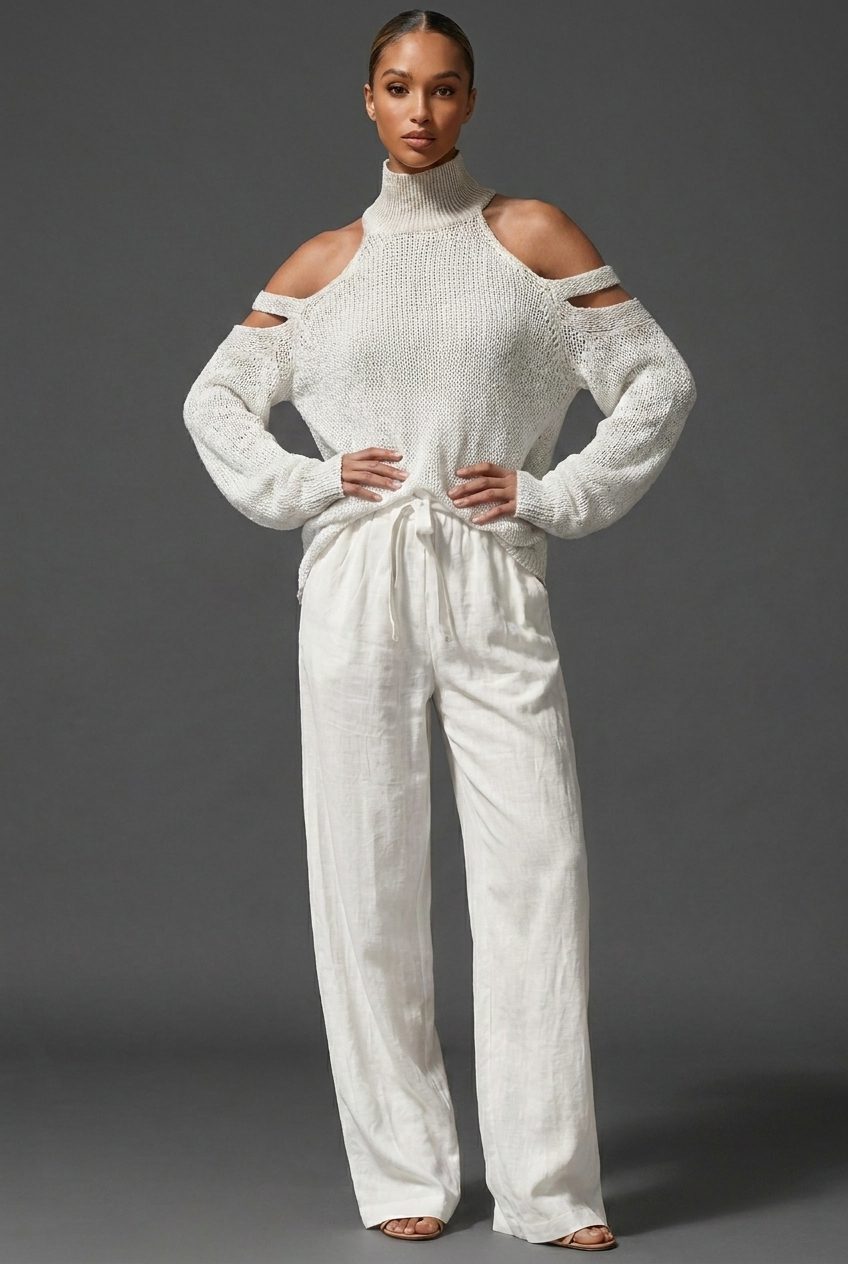 Women's Knitted High-Neck Jumper with Cold-Shoulder Cut-Out Sleeves - Maisie London