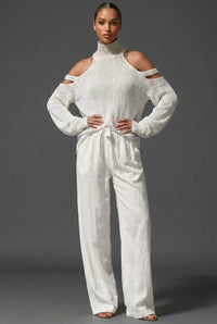 Women's Knitted High-Neck Jumper with Cold-Shoulder Cut-Out Sleeves - Maisie London