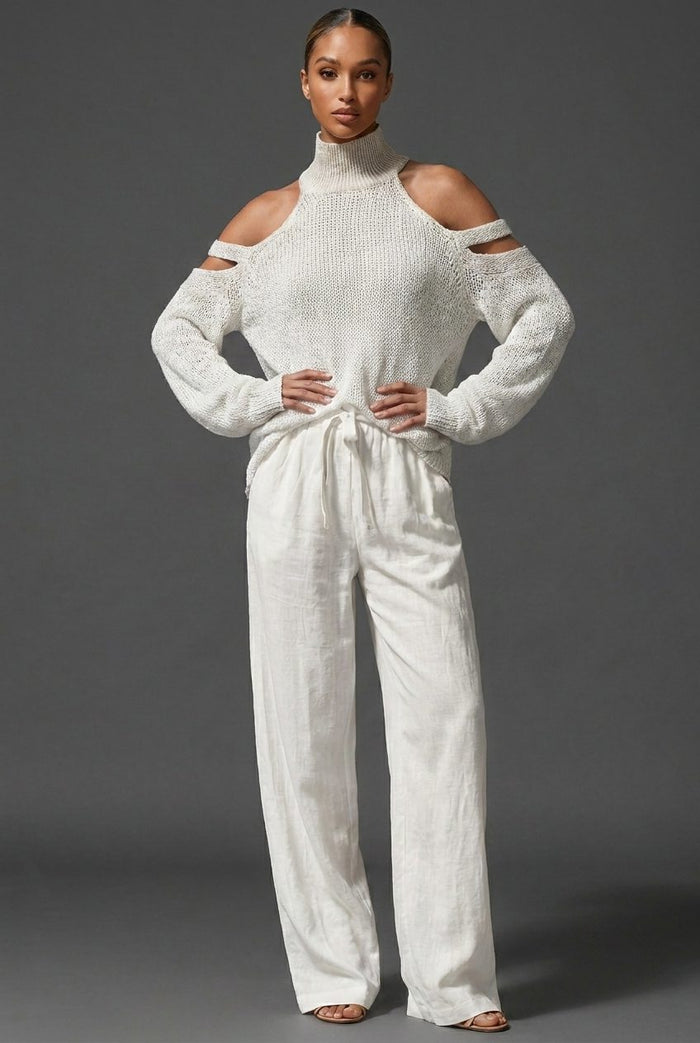 Women's Knitted High-Neck Jumper with Cold-Shoulder Cut-Out Sleeves - Maisie London