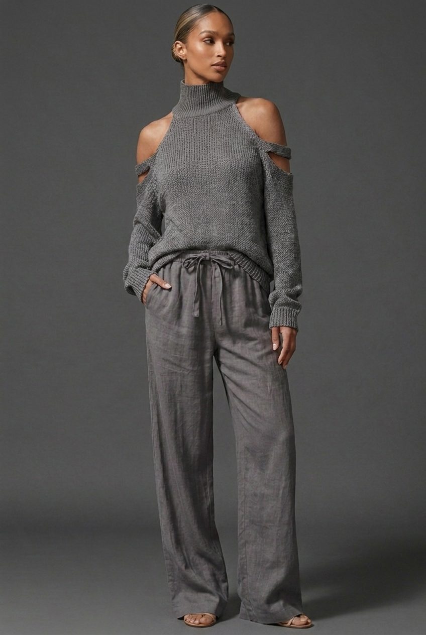 Women's Knitted High-Neck Jumper with Cold-Shoulder Cut-Out Sleeves - Maisie London