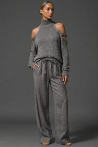 Women's Knitted High-Neck Jumper with Cold-Shoulder Cut-Out Sleeves - Maisie London