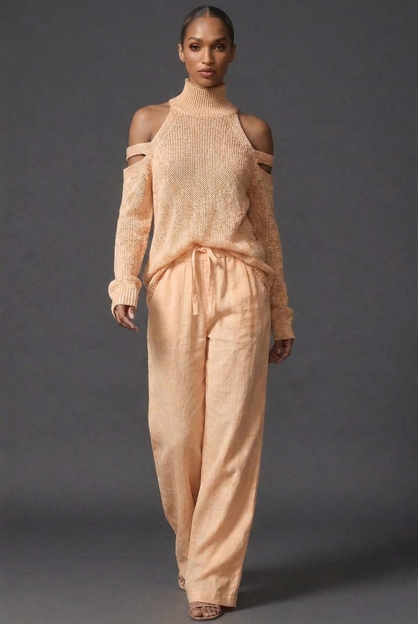 Women's Knitted High-Neck Jumper with Cold-Shoulder Cut-Out Sleeves - Maisie London
