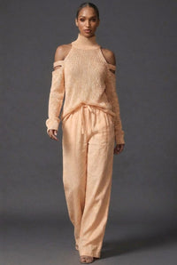 Women's Knitted High-Neck Jumper with Cold-Shoulder Cut-Out Sleeves - Maisie London