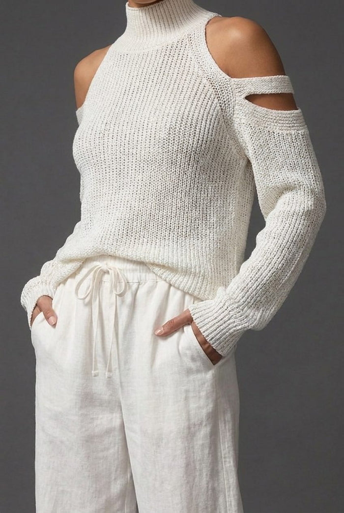 Women's Knitted High-Neck Jumper with Cold-Shoulder Cut-Out Sleeves - Maisie London