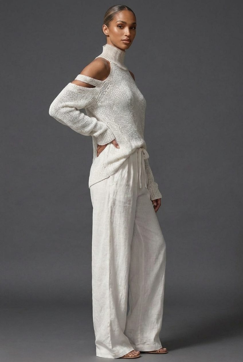 Women's Knitted High-Neck Jumper with Cold-Shoulder Cut-Out Sleeves - Maisie London