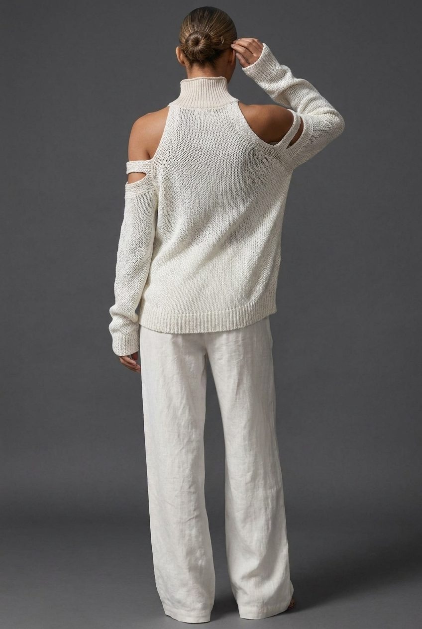 Women's Knitted High-Neck Jumper with Cold-Shoulder Cut-Out Sleeves - Maisie London