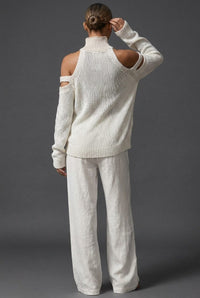 Women's Knitted High-Neck Jumper with Cold-Shoulder Cut-Out Sleeves - Maisie London