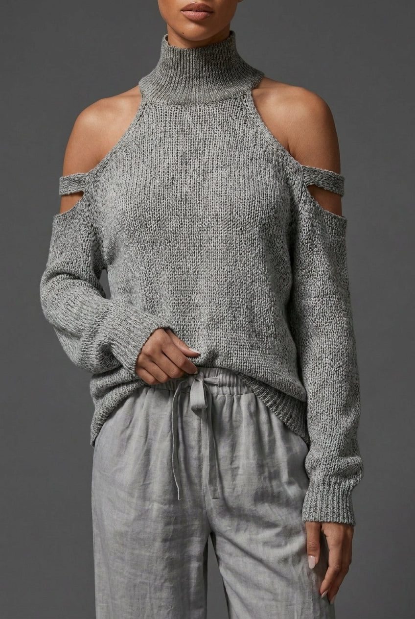 Women's Knitted High-Neck Jumper with Cold-Shoulder Cut-Out Sleeves - Maisie London