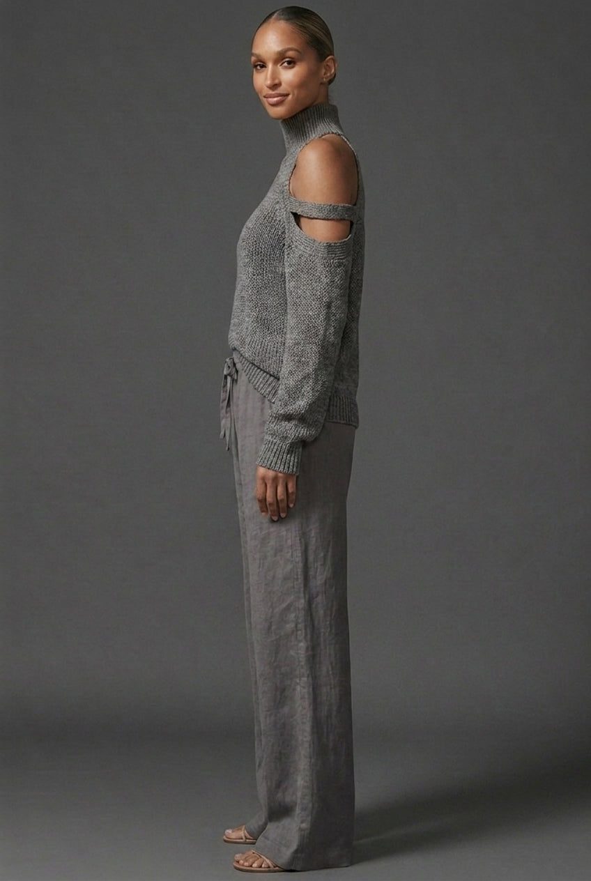 Women's Knitted High-Neck Jumper with Cold-Shoulder Cut-Out Sleeves - Maisie London