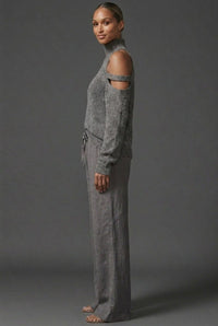 Women's Knitted High-Neck Jumper with Cold-Shoulder Cut-Out Sleeves - Maisie London