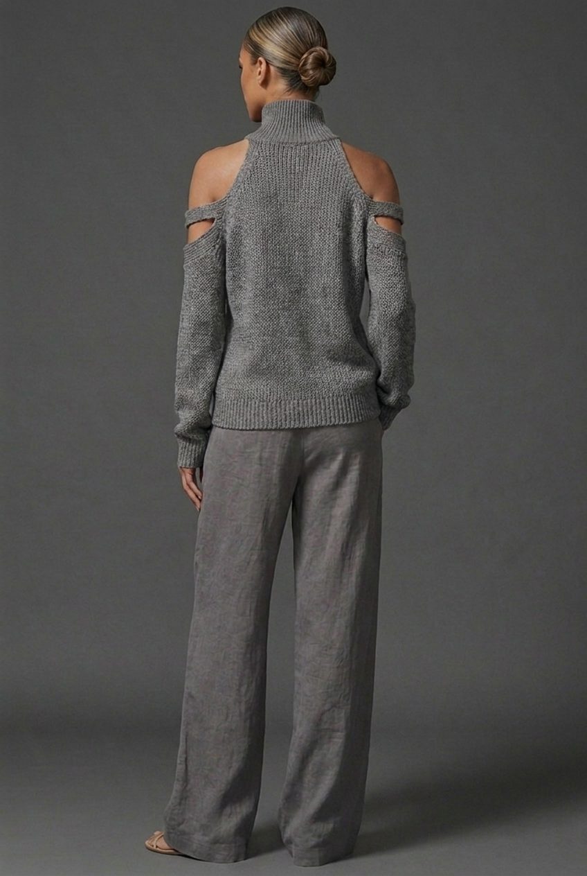 Women's Knitted High-Neck Jumper with Cold-Shoulder Cut-Out Sleeves - Maisie London