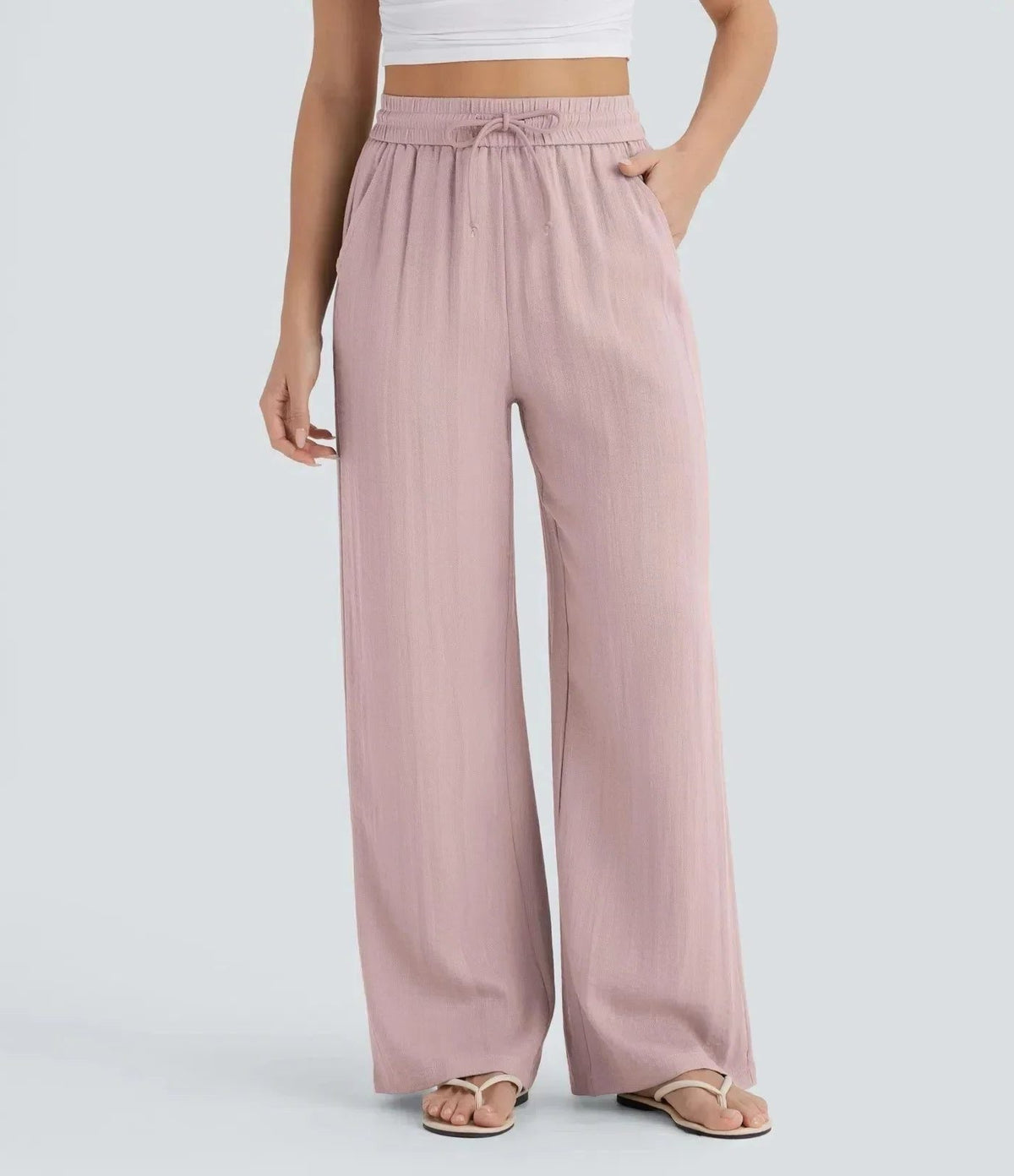 Women's Linen-Look Wide-Leg Trousers with High-Waist and Pockets - Maisie London