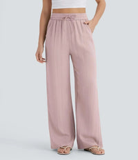 Women's Linen-Look Wide-Leg Trousers with High-Waist and Pockets - Maisie London