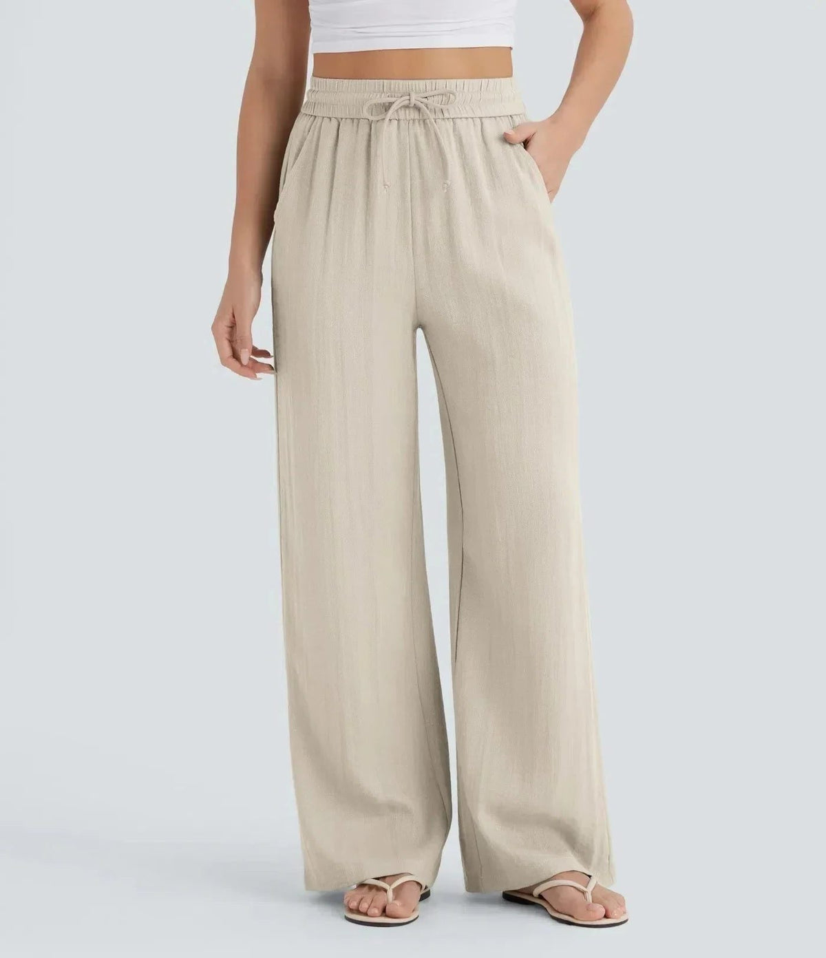 Women's Linen-Look Wide-Leg Trousers with High-Waist and Pockets - Maisie London