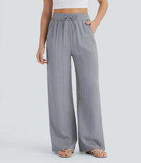 Women's Linen-Look Wide-Leg Trousers with High-Waist and Pockets - Maisie London