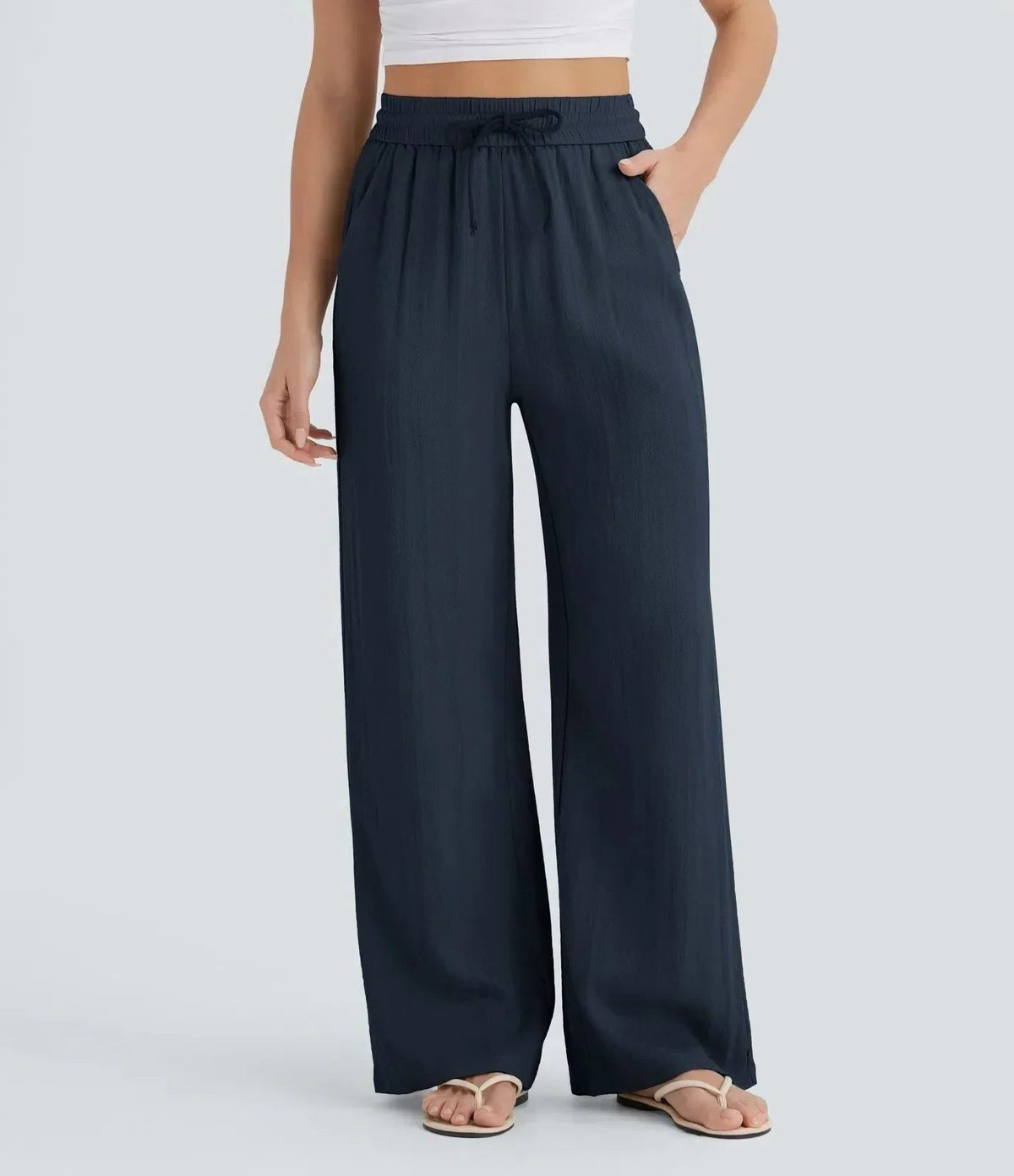 Women's Linen-Look Wide-Leg Trousers with High-Waist and Pockets - Maisie London