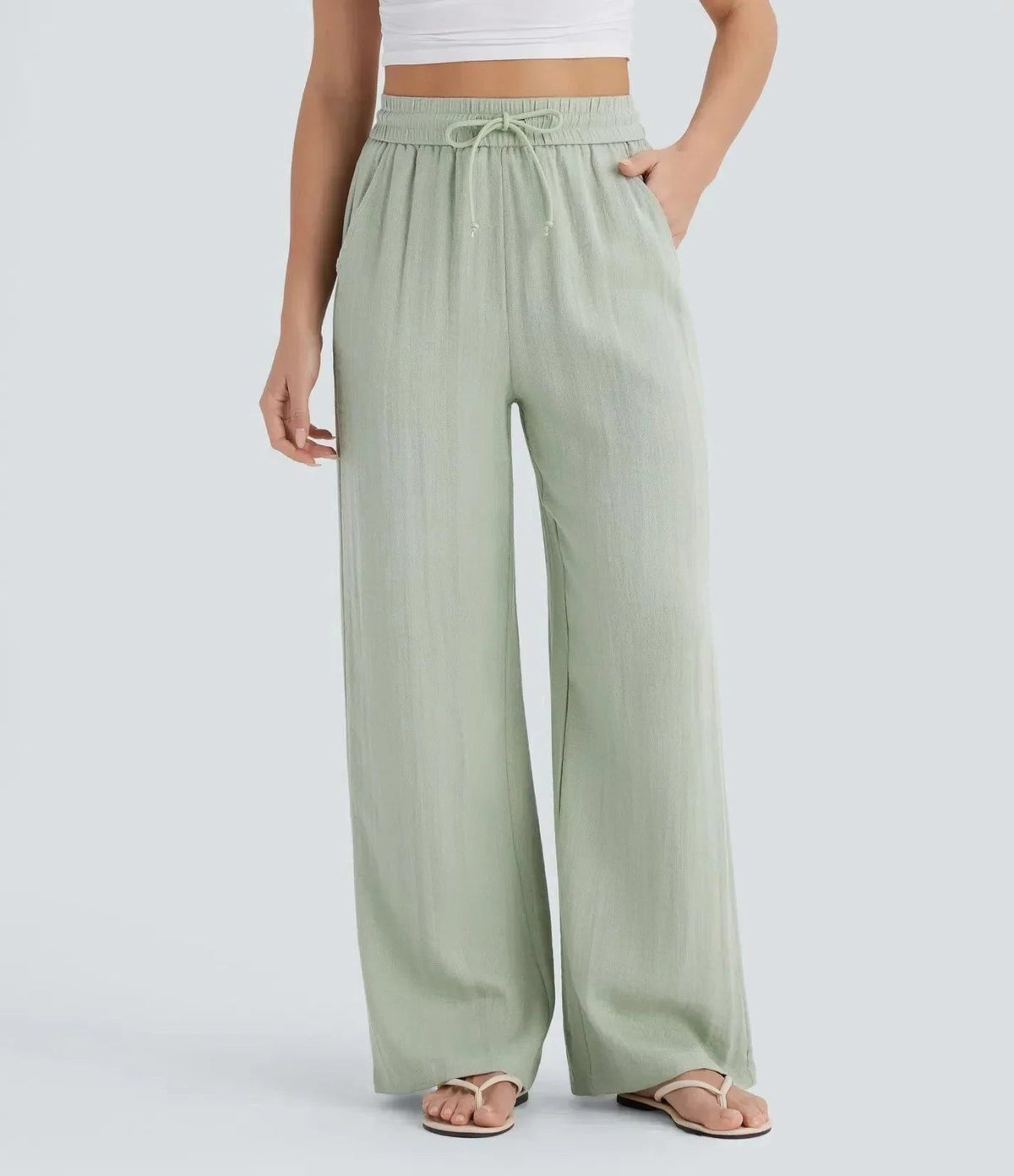 Women's Linen-Look Wide-Leg Trousers with High-Waist and Pockets - Maisie London