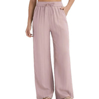 Women's Linen-Look Wide-Leg Trousers with High-Waist and Pockets - Maisie London