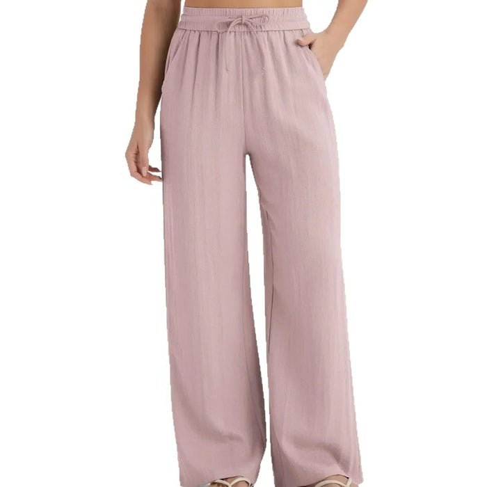 Women's Linen-Look Wide-Leg Trousers with High-Waist and Pockets - Maisie London