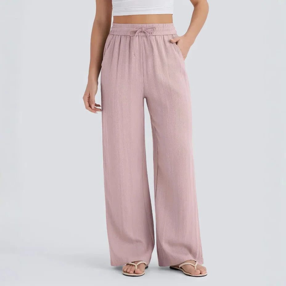 Women's Linen-Look Wide-Leg Trousers with High-Waist and Pockets - Maisie London