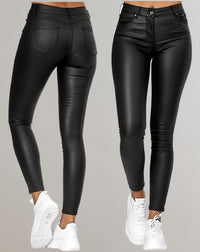 Women's Faux Leather High-Waisted Skinny Trousers with Pockets - Maisie London
