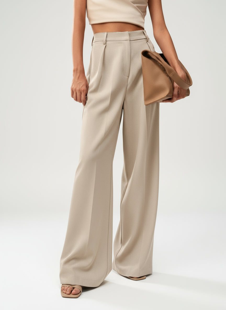 Women's High-Waisted Wide-Leg Tailored Trousers with Front Pleats - Maisie London