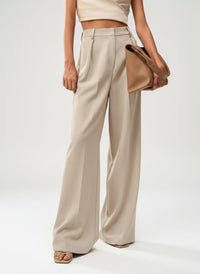 Women's High-Waisted Wide-Leg Tailored Trousers with Front Pleats - Maisie London