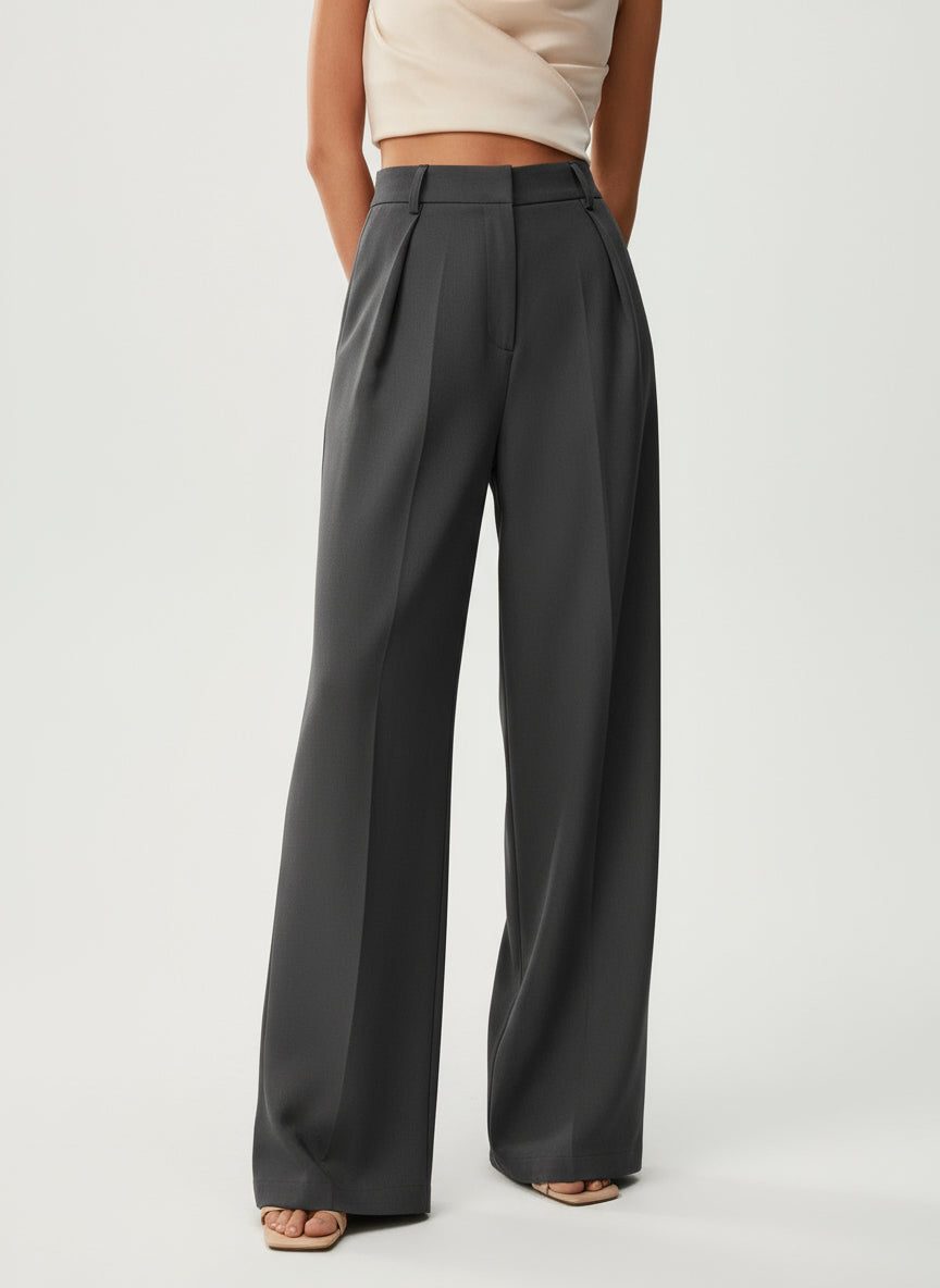 Women's High-Waisted Wide-Leg Tailored Trousers with Front Pleats - Maisie London