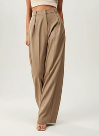Women's High-Waisted Wide-Leg Tailored Trousers with Front Pleats - Maisie London