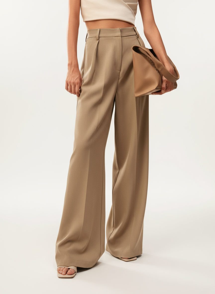 Women's High-Waisted Wide-Leg Tailored Trousers with Front Pleats - Maisie London