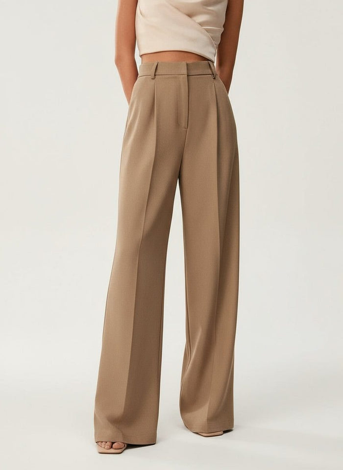 Women's High-Waisted Wide-Leg Tailored Trousers with Front Pleats - Maisie London