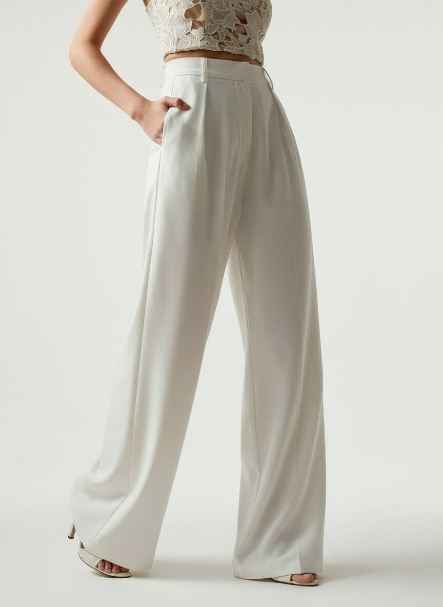 Women's High-Waisted Wide-Leg Tailored Trousers with Front Pleats - Maisie London