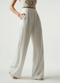 Women's High-Waisted Wide-Leg Tailored Trousers with Front Pleats - Maisie London