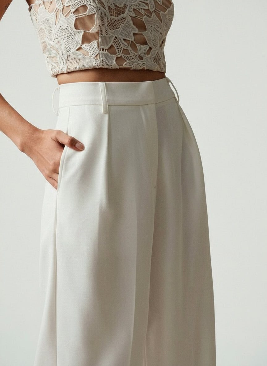 Women's High-Waisted Wide-Leg Tailored Trousers with Front Pleats - Maisie London