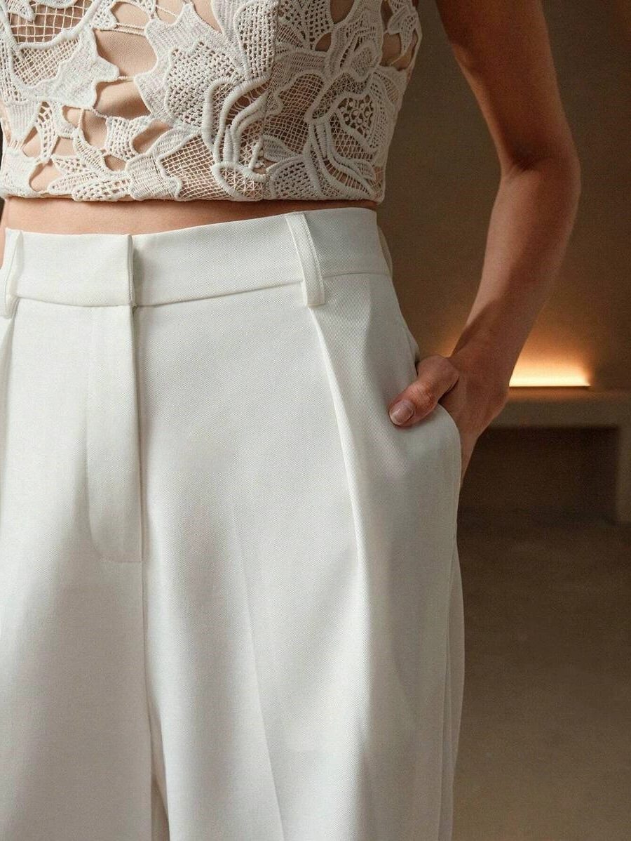 Women's High-Waisted Wide-Leg Tailored Trousers with Front Pleats - Maisie London