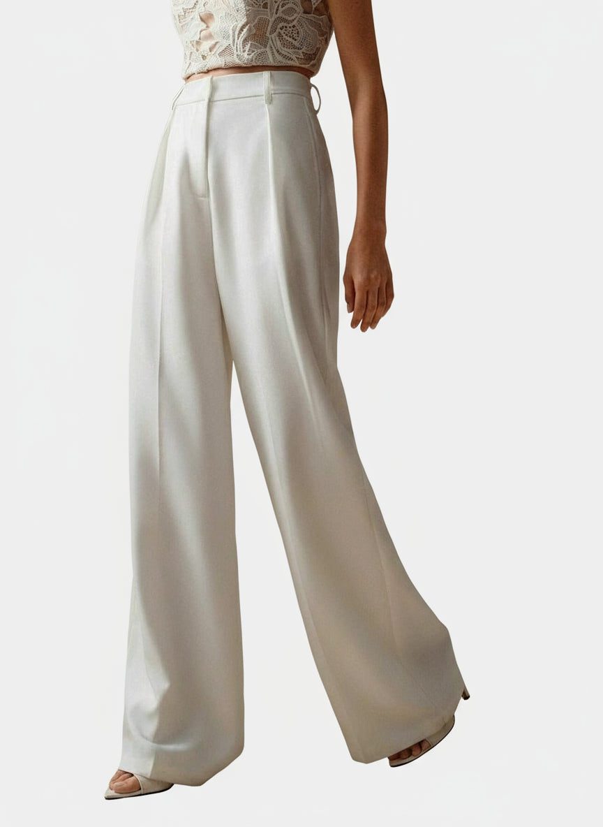 Women's High-Waisted Wide-Leg Tailored Trousers with Front Pleats - Maisie London