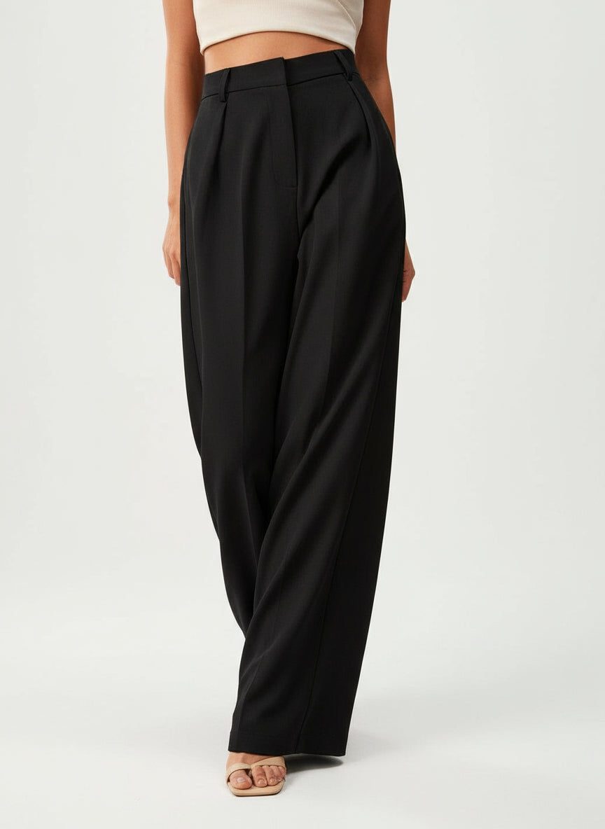 Women's High-Waisted Wide-Leg Tailored Trousers with Front Pleats - Maisie London