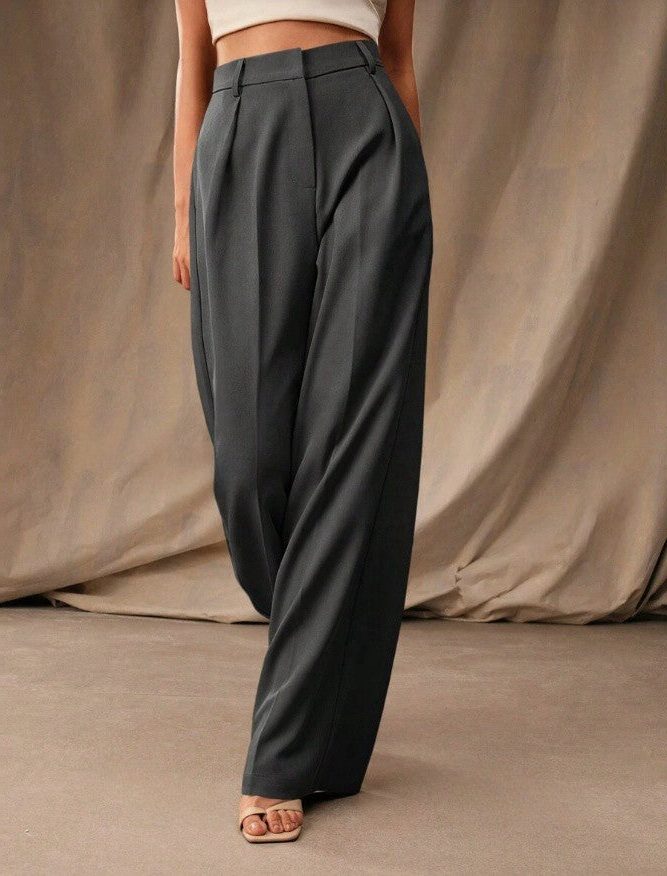 Women's High-Waisted Wide-Leg Tailored Trousers with Front Pleats - Maisie London