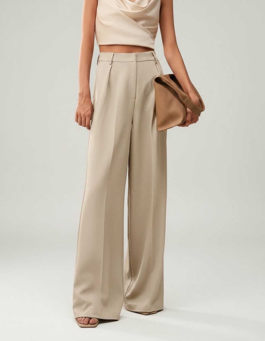 Women's High-Waisted Wide-Leg Tailored Trousers with Front Pleats - Maisie London