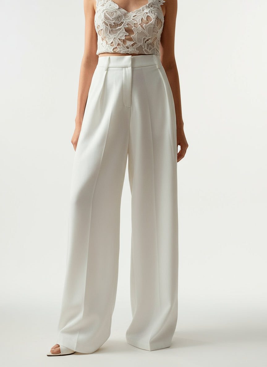 Women's High-Waisted Wide-Leg Tailored Trousers with Front Pleats - Maisie London