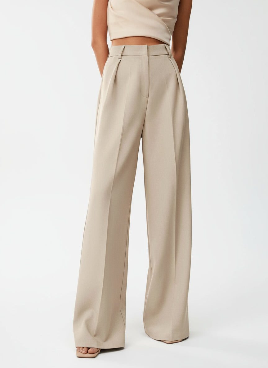 Women's High-Waisted Wide-Leg Tailored Trousers with Front Pleats - Maisie London