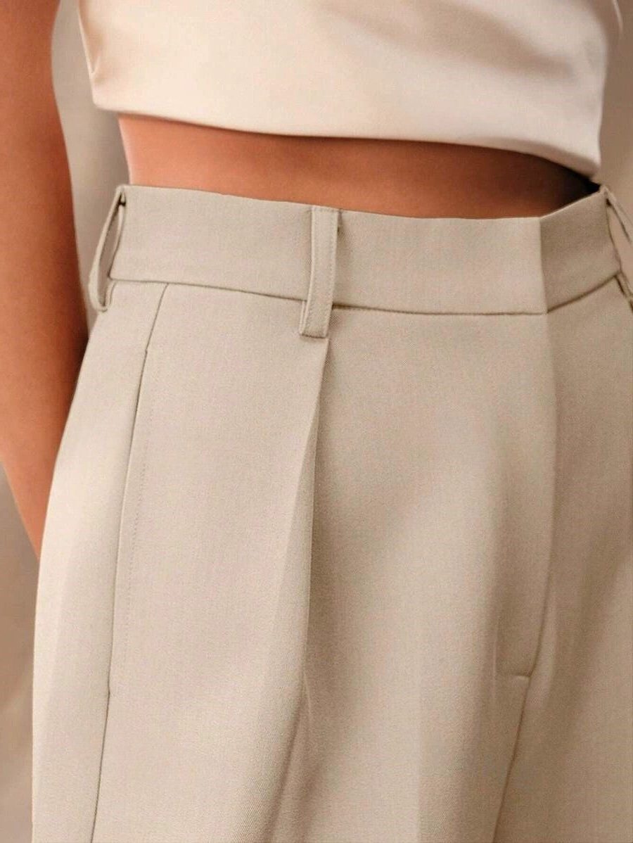Women's High-Waisted Wide-Leg Tailored Trousers with Front Pleats - Maisie London