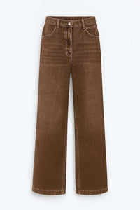 Women's Brown Denim High-Waisted Wide-Leg Jeans with Topstitching - Maisie London