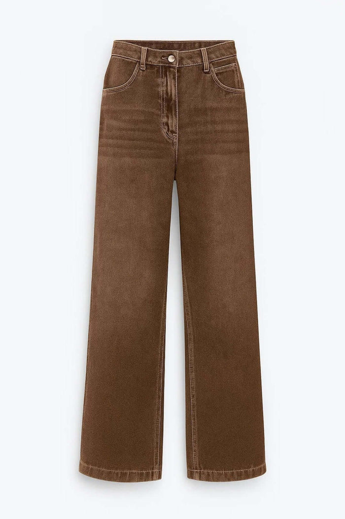 Women's Brown Denim High-Waisted Wide-Leg Jeans with Topstitching - Maisie London