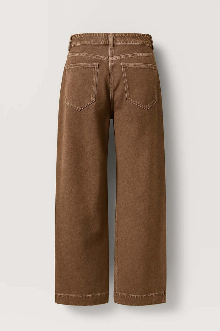 Women's Brown Denim High-Waisted Wide-Leg Jeans with Topstitching - Maisie London