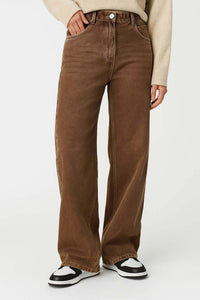 Women's Brown Denim High-Waisted Wide-Leg Jeans with Topstitching - Maisie London